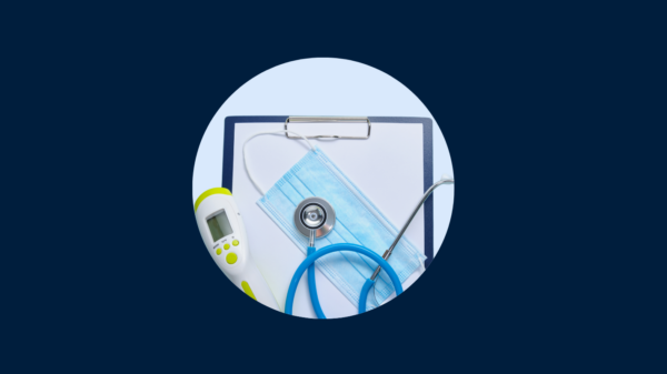 Blue circle with medical items inside like a clipboard, thermometer, mask, and stethoscope.