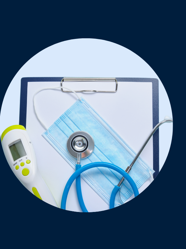 Blue circle with medical items inside like a clipboard, thermometer, mask, and stethoscope.
