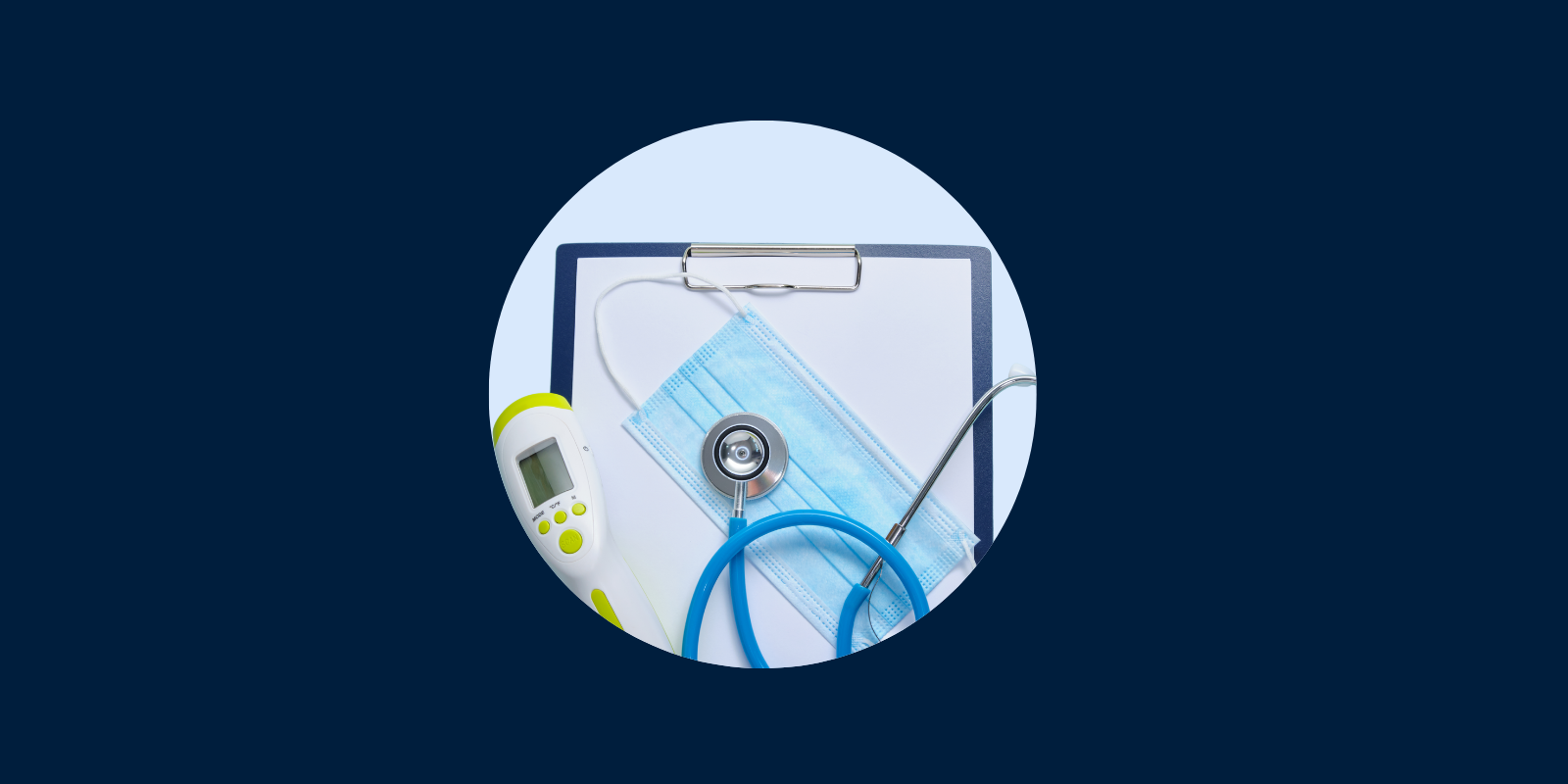 Blue circle with medical items inside like a clipboard, thermometer, mask, and stethoscope.