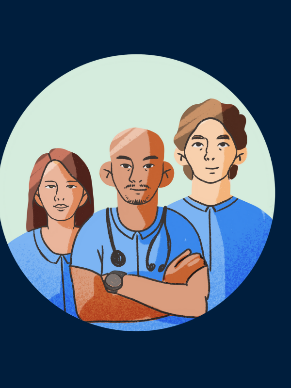 Image with healthcare workers and a light green background. Workers are wearing blue scrubs.