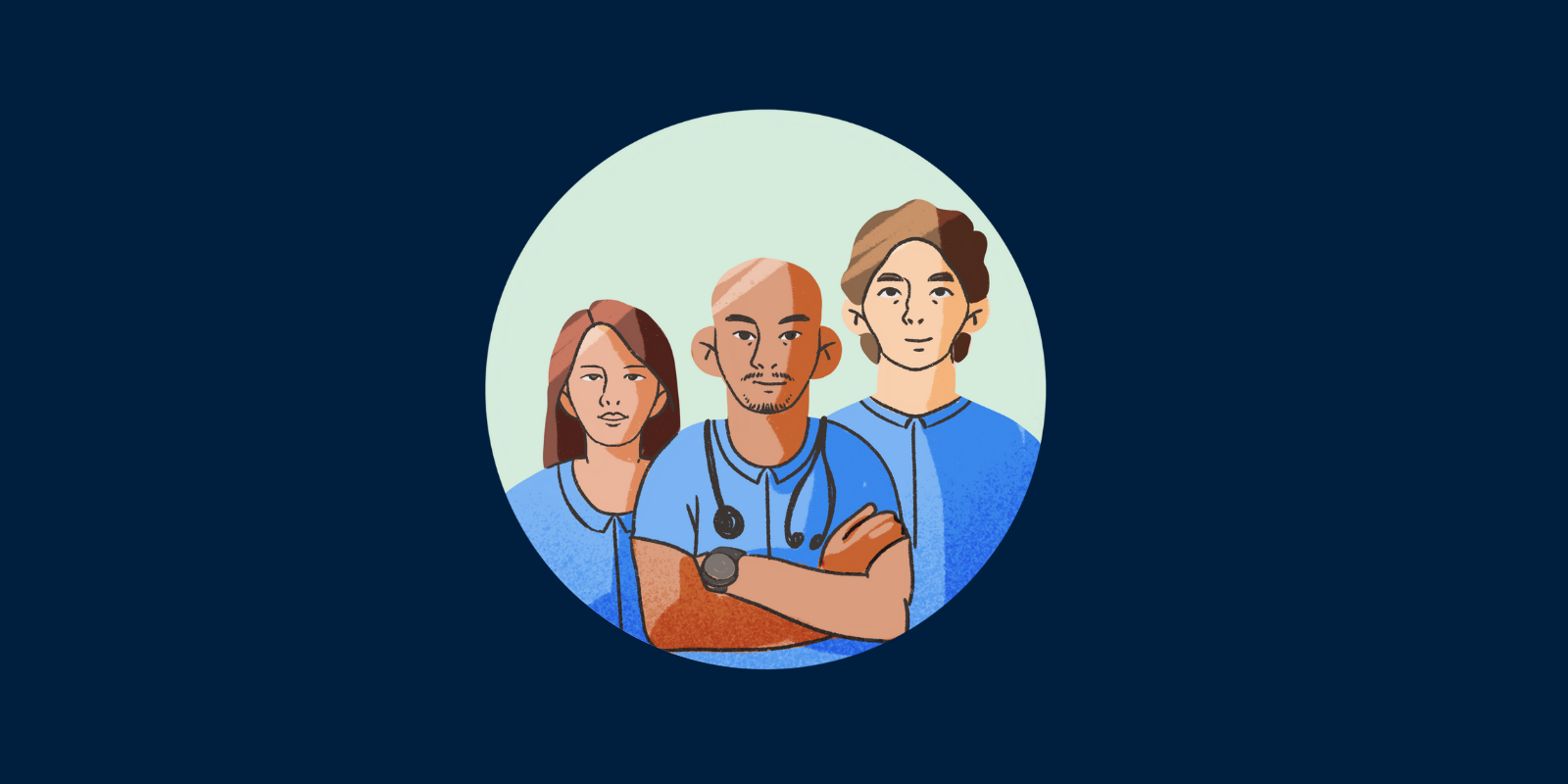 Image with healthcare workers and a light green background. Workers are wearing blue scrubs.