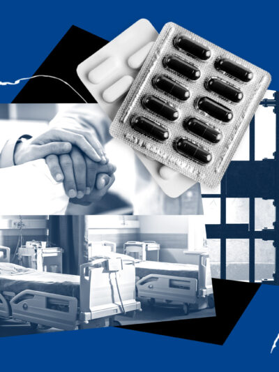 Collage on a blue background showing prescription pills, a hospital bed, a doctor holding a patient’s hand, and barred windows, illustrating medical care and health conditions inside immigration detention or correctional facilities.