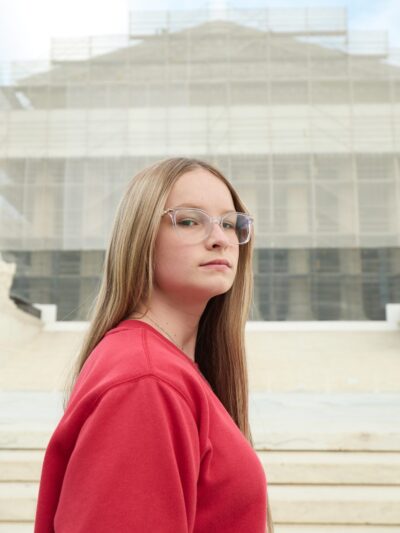 Becky Pepper-Jackson stands in front of the Supreme Court.