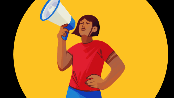 Art of someone holding a megaphone with a yellow circle behind them.