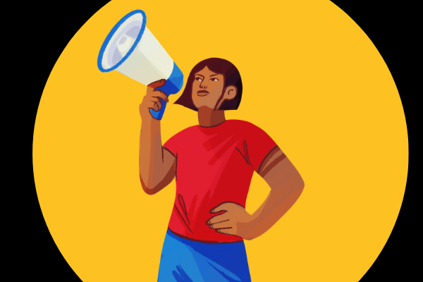 Art of someone holding a megaphone with a yellow circle behind them.
