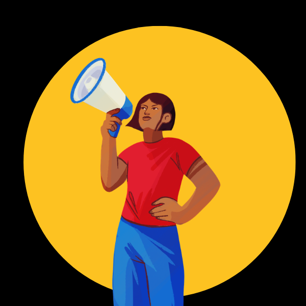 Art of someone holding a megaphone with a yellow circle behind them.