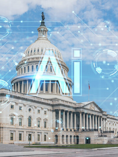 The U.S. Capitol building with digital AI graphics overlay, representing artificial intelligence regulation and tech policy in government.
