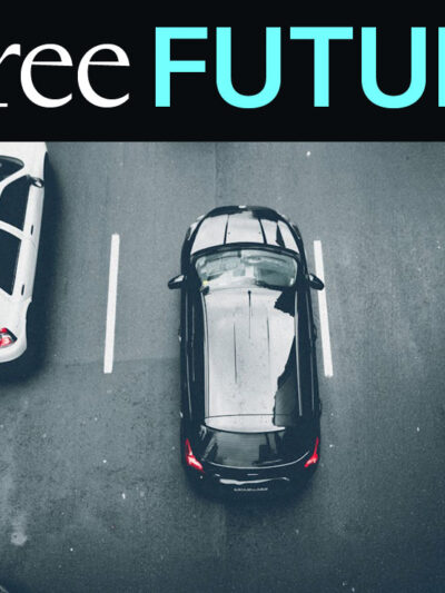 An aerial view of some vans on a street