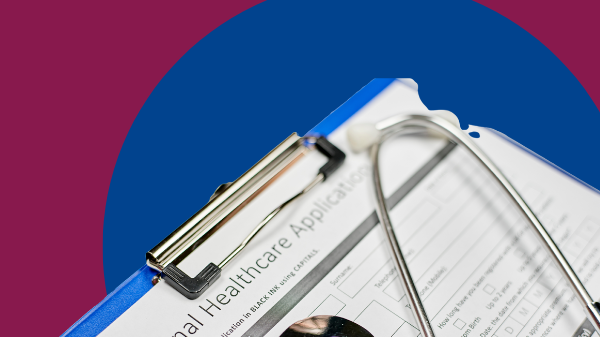 Purple background with an image of a clipboard on top