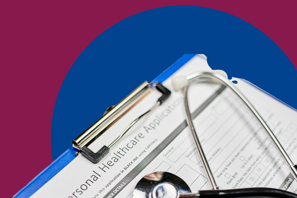 Purple background with an image of a clipboard on top