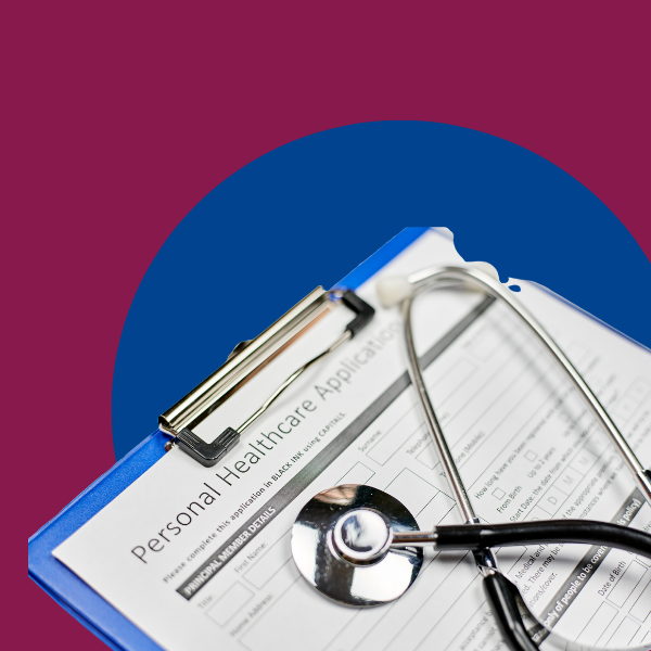 Purple background with an image of a clipboard on top