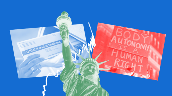 Image with blue background and a collage of pictures featuring the statue of liberty, a sign, and someone submitting a voting ballot.