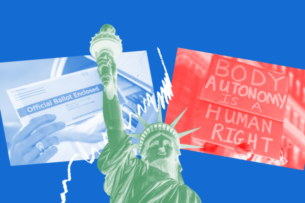Image with blue background and a collage of pictures featuring the statue of liberty, a sign, and someone submitting a voting ballot.