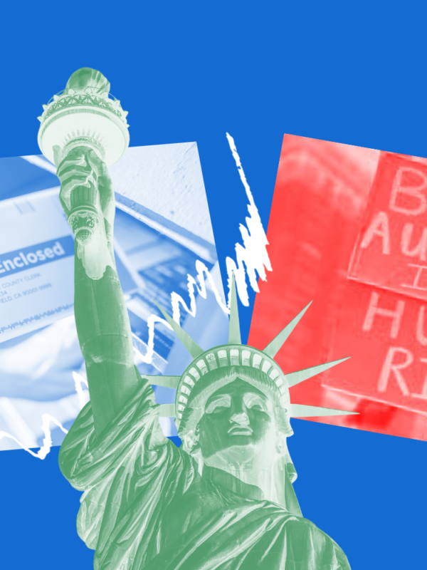 Image with blue background and a collage of pictures featuring the statue of liberty, a sign, and someone submitting a voting ballot.