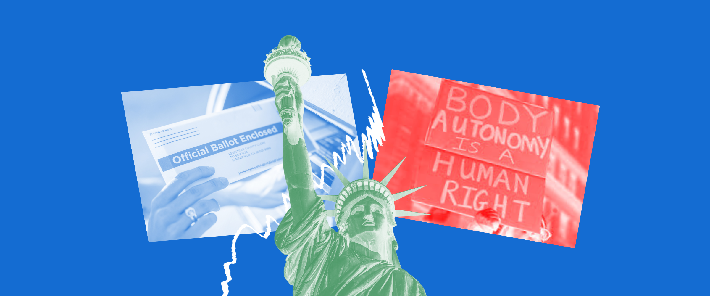 Image with blue background and a collage of pictures featuring the statue of liberty, a sign, and someone submitting a voting ballot.