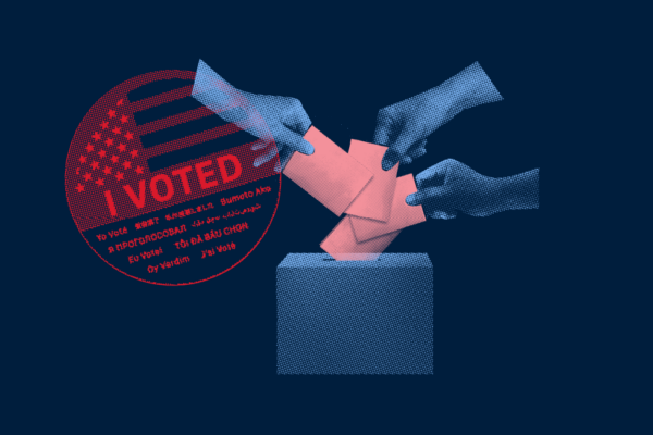 A red and blue collage featuring an “I Voted” sticker and hands placing unlabeled paper into a voting ballot box.