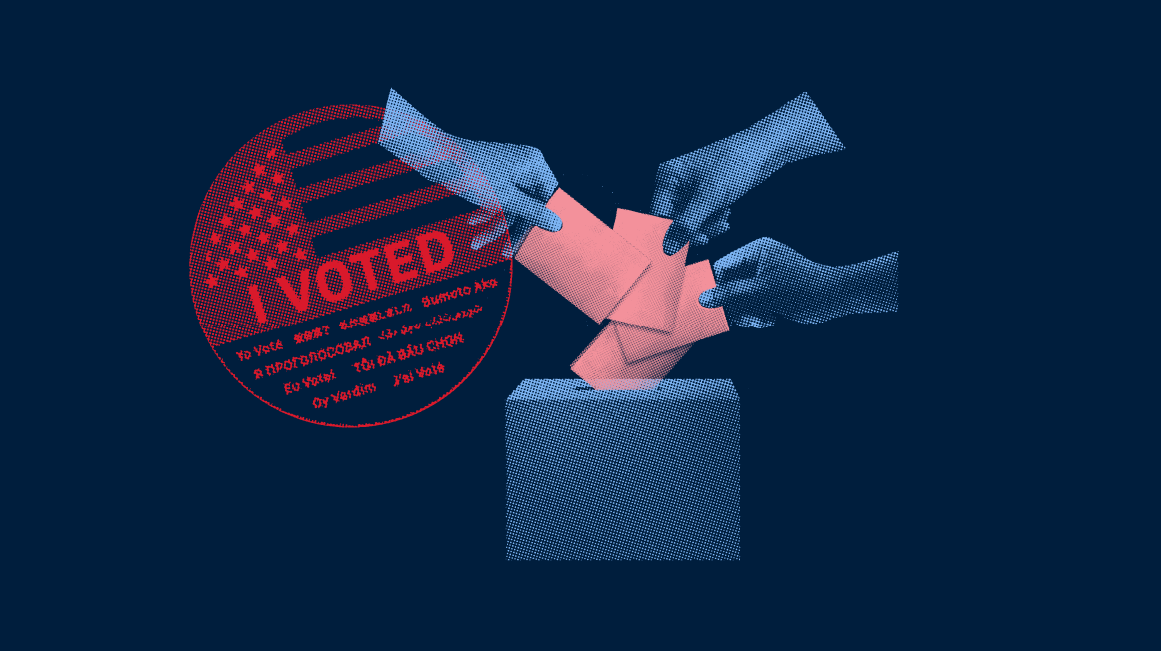 A red and blue collage featuring an “I Voted” sticker and hands placing unlabeled paper into a voting ballot box.