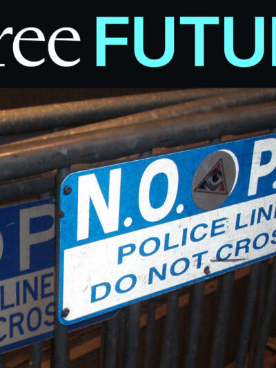 A sign on a metal rack reading "N.O.P.D. / police line / do not cross"