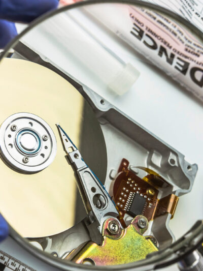 Gloved hands hold a magnifying glass over an opened computer hard drive on a forensic work surface, with evidence bags, tools, and safety glasses nearby.