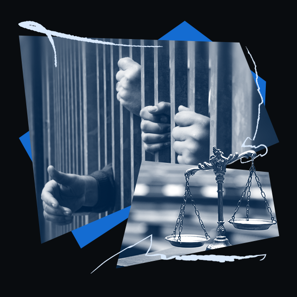 Image depicting incarceration and the scales of justice.