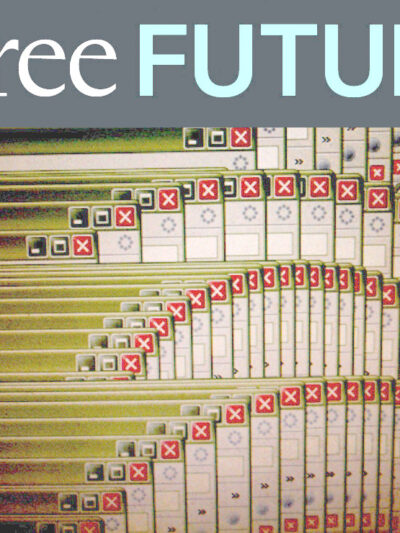 A computer screen with cascading browser windows on it in an artful design