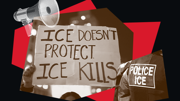 Protest imagery with sign that reads: ICE doesn't protect, ICE kills.