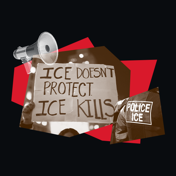 Protest imagery with sign that reads: ICE doesn't protect, ICE kills.
