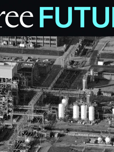 Black and white aerial view of a chemical plant