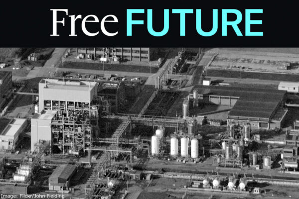 Black and white aerial view of a chemical plant