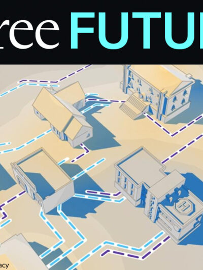 An overhead drawing of government buildings with dotted lines among them