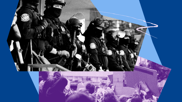 Federal agents and protest images.