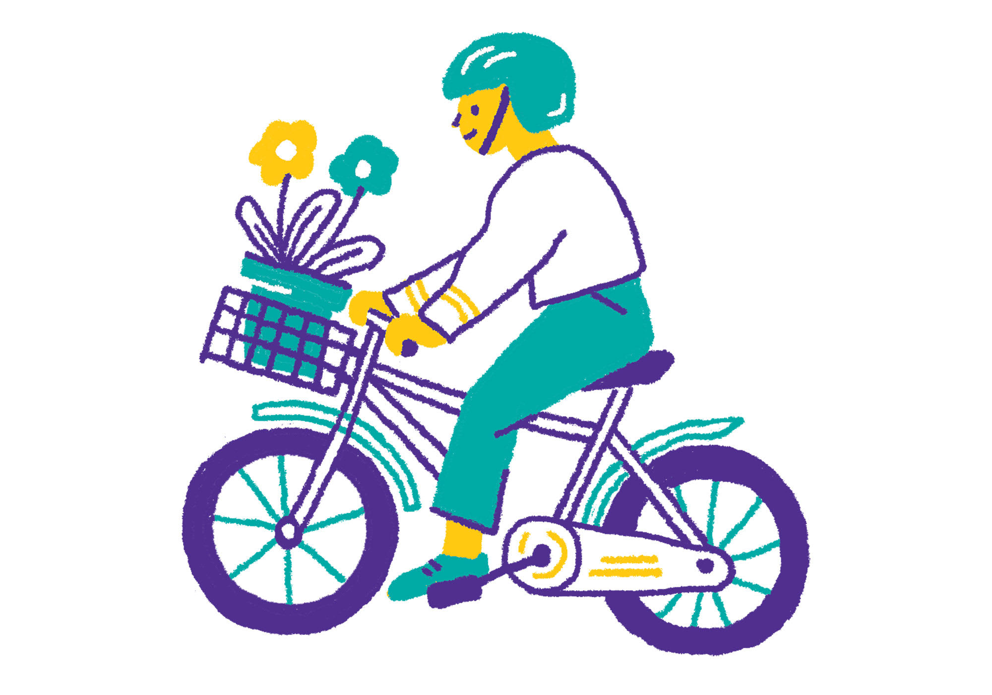 cartoon person riding a bike with a basket holding flowers