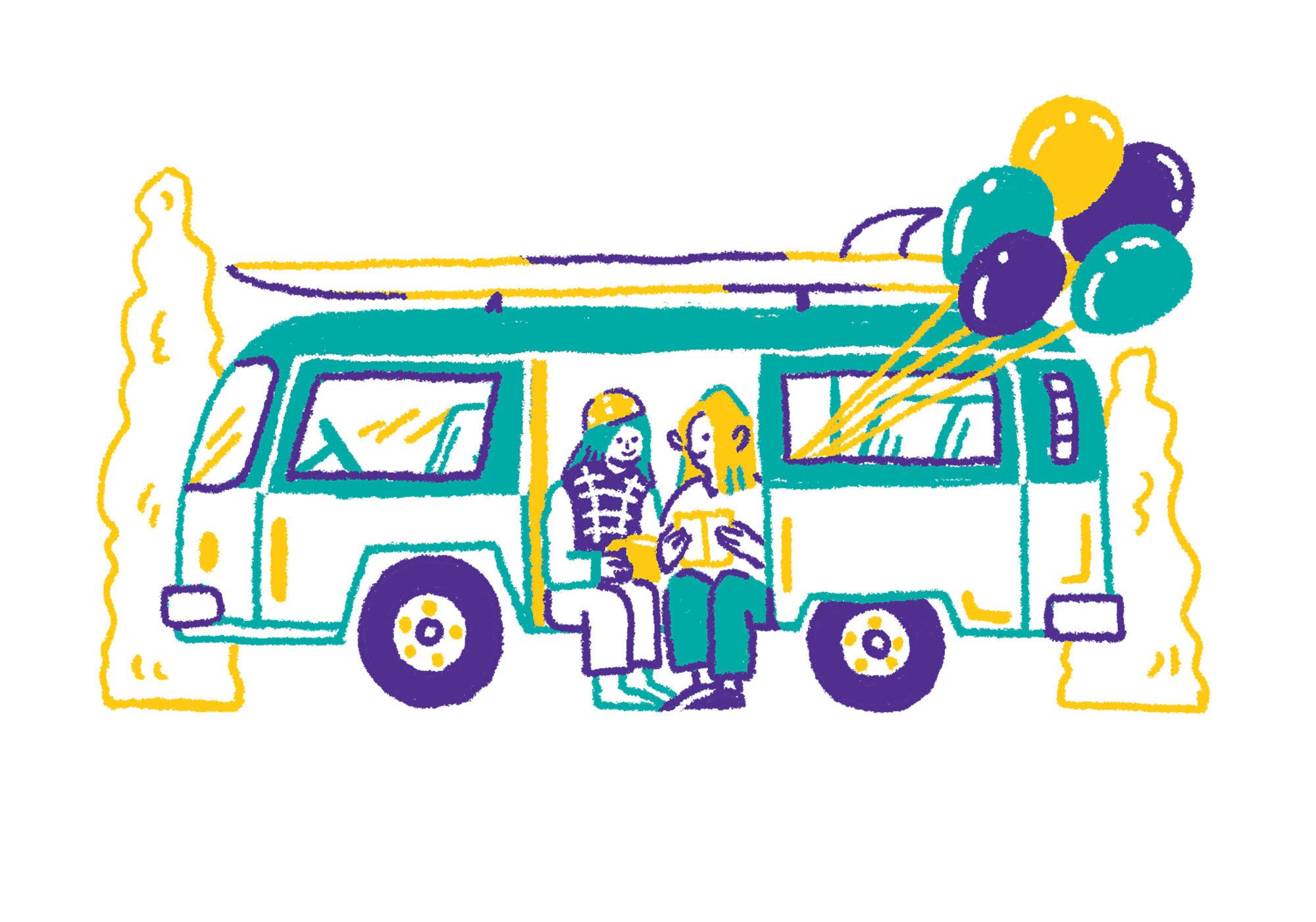 a cartoon camper van with people inside and balloons