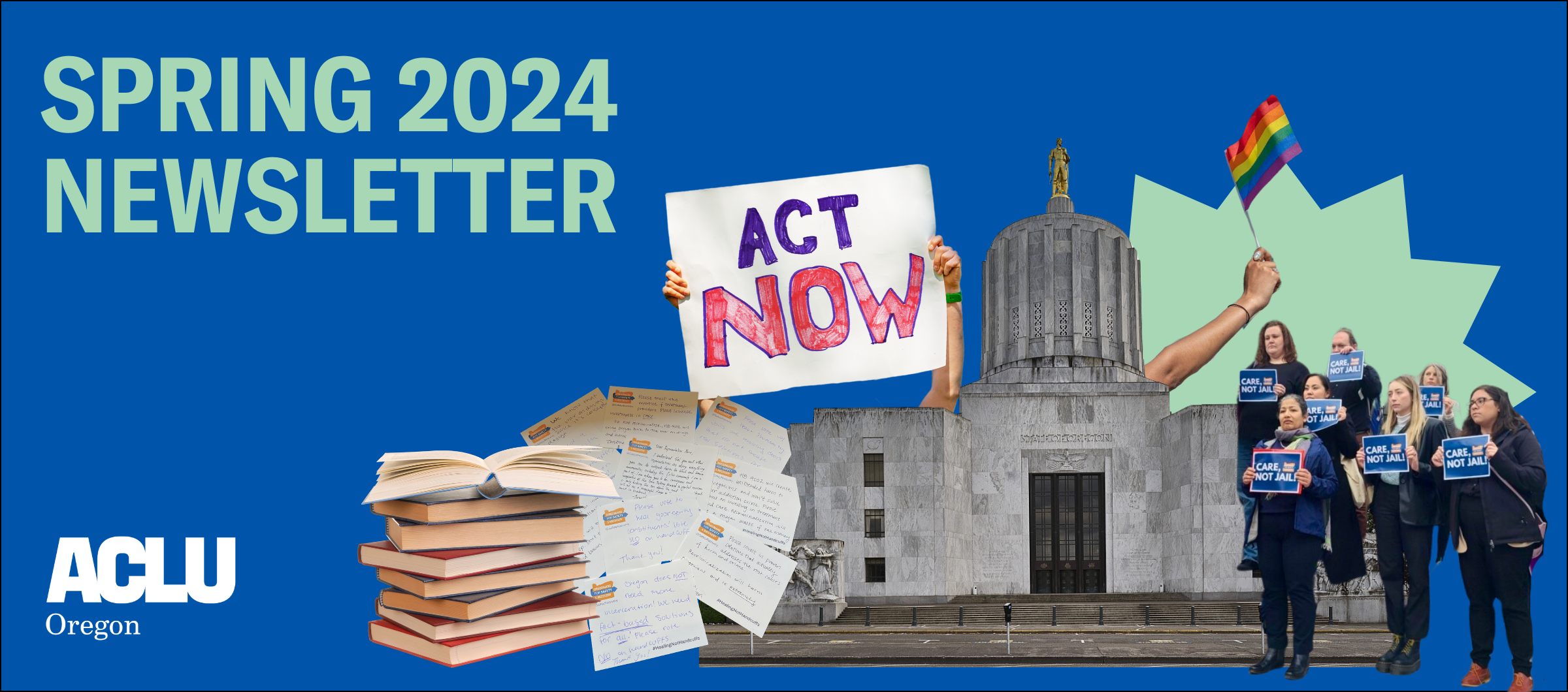 A blue background with a collage of images of the Oregon capitol, books, hands holdings signs, etc. 