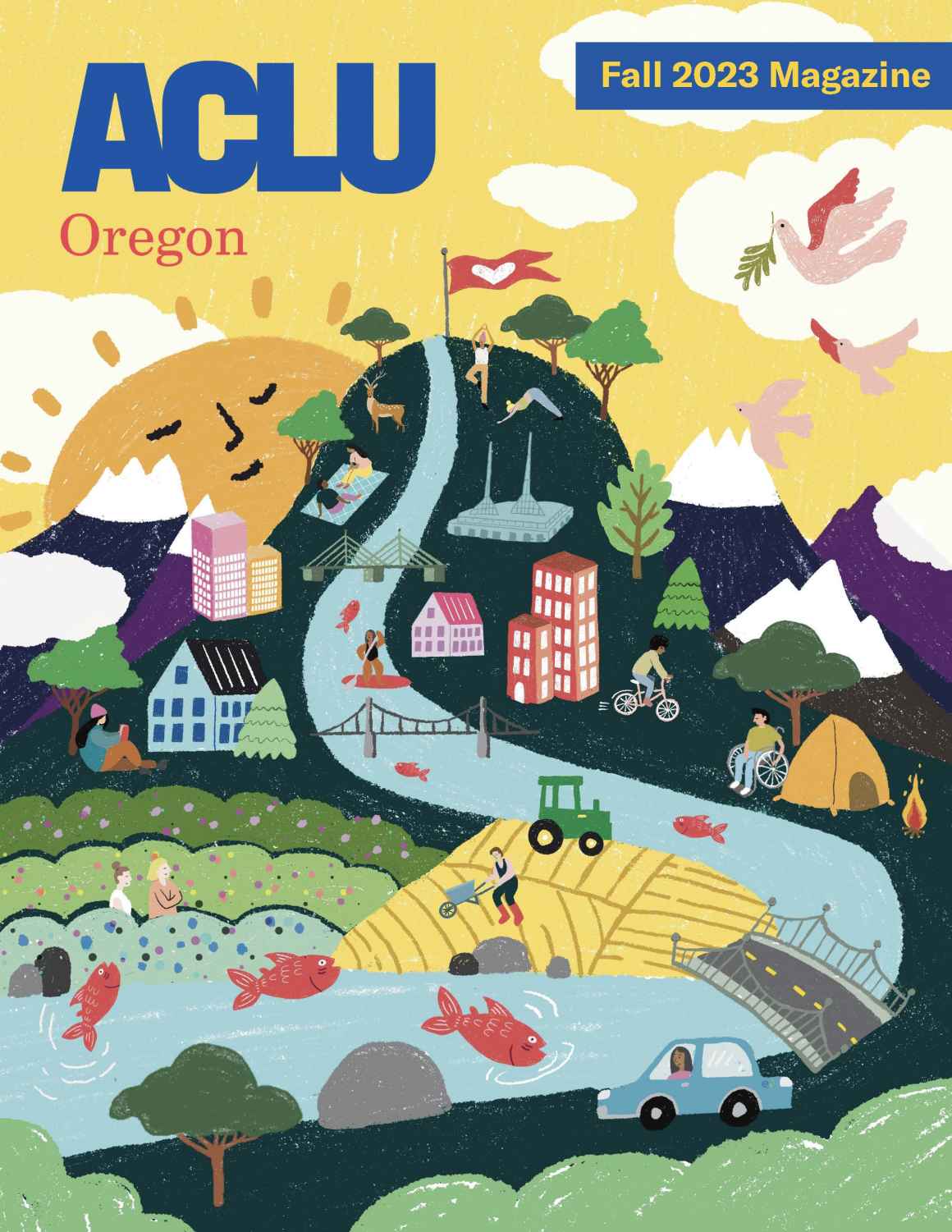 the cover of the 2023 ACLU Oregon magazine. An illustration of a hill and mountains with Portland city features, a yellow sky and a smiling sun 