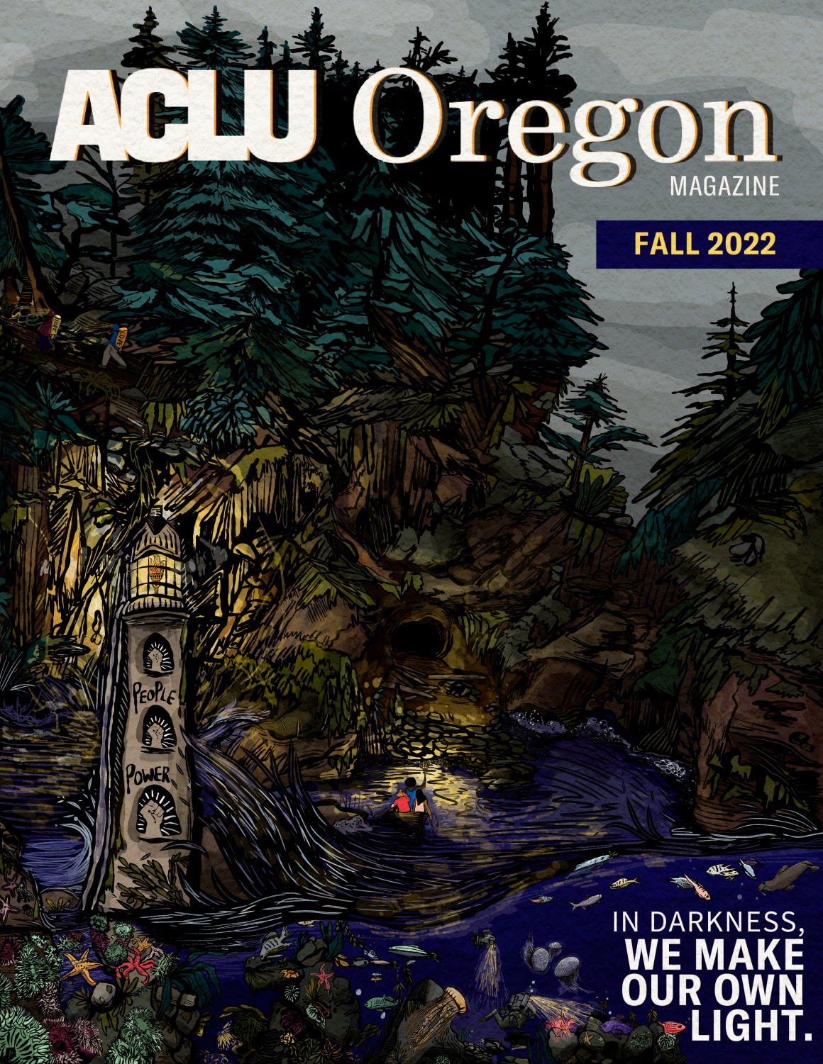 illustrated cover of ACLU Oregon's fall 2022 magazine, entitled "In darkness, we make our own light"
