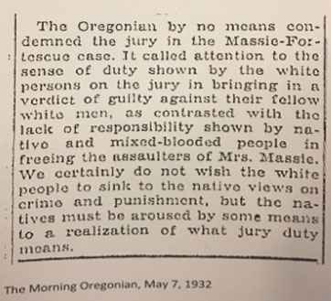 Court exhibit: a newspaper clipping from The Morning Oregonian dated May 7, 1932, discusses a jury with the author claiming that Native and 'mixed-blood' peoples showed a lack of responsibility in a recent verdict