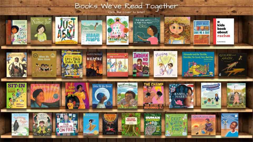 A digital bookshelf featuring a variety of children's novels and picture books that were read in Elmer's classroom in 2020-2021. A digital bookshelf featuring a variety of children's novels and picture books