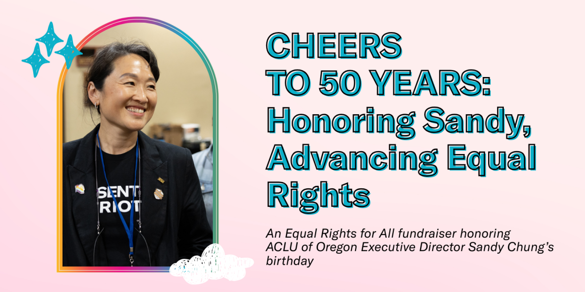 pink background, an arch shape with a portrait of Sandy smiling, reads "cheers to 50 years: honoring sandy, advancing civil rights"