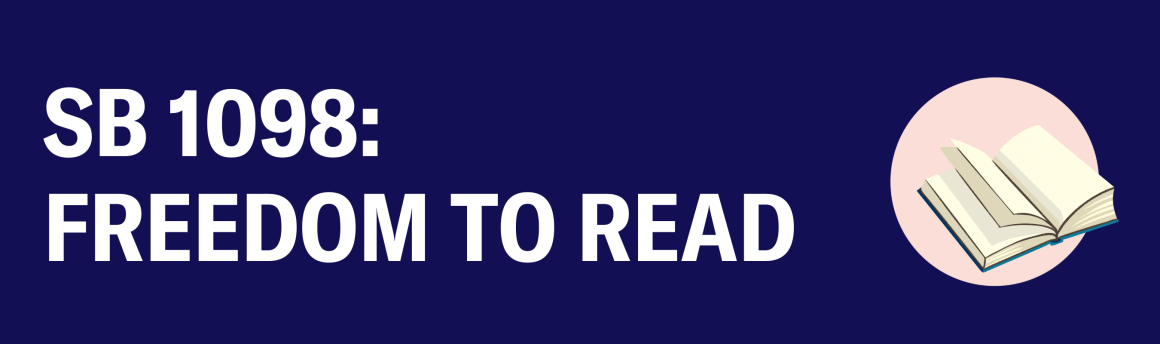 Blue banner with text saying "Freedom to read."On the image is a picture of an open book in front of a pink circle.. 