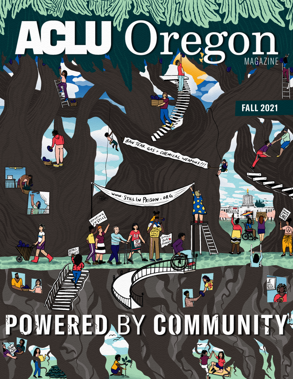 Magazine cover with people from different backgrounds and abilities working and rallying together on a fruit bearing tree