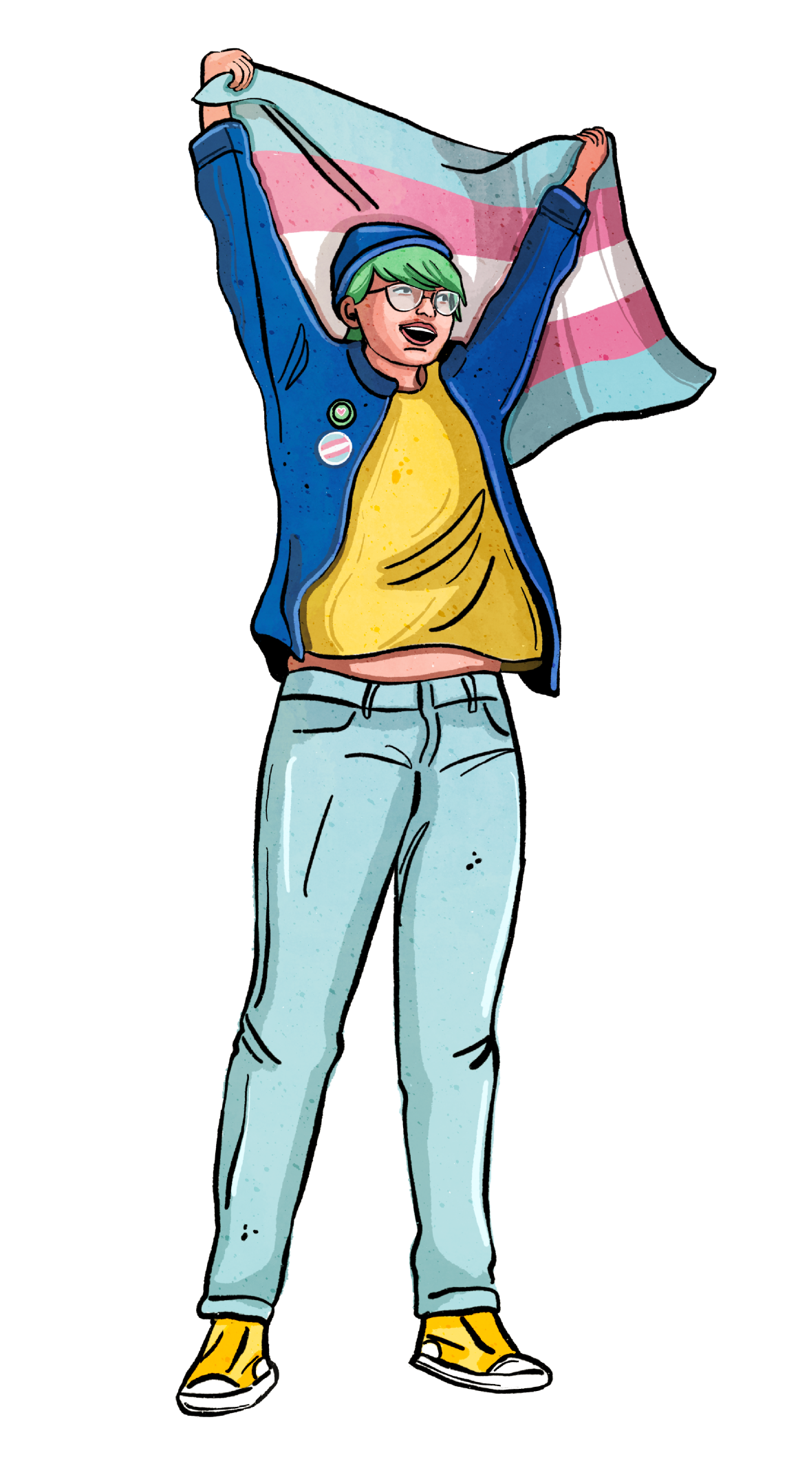 a person holding a trans pride flag