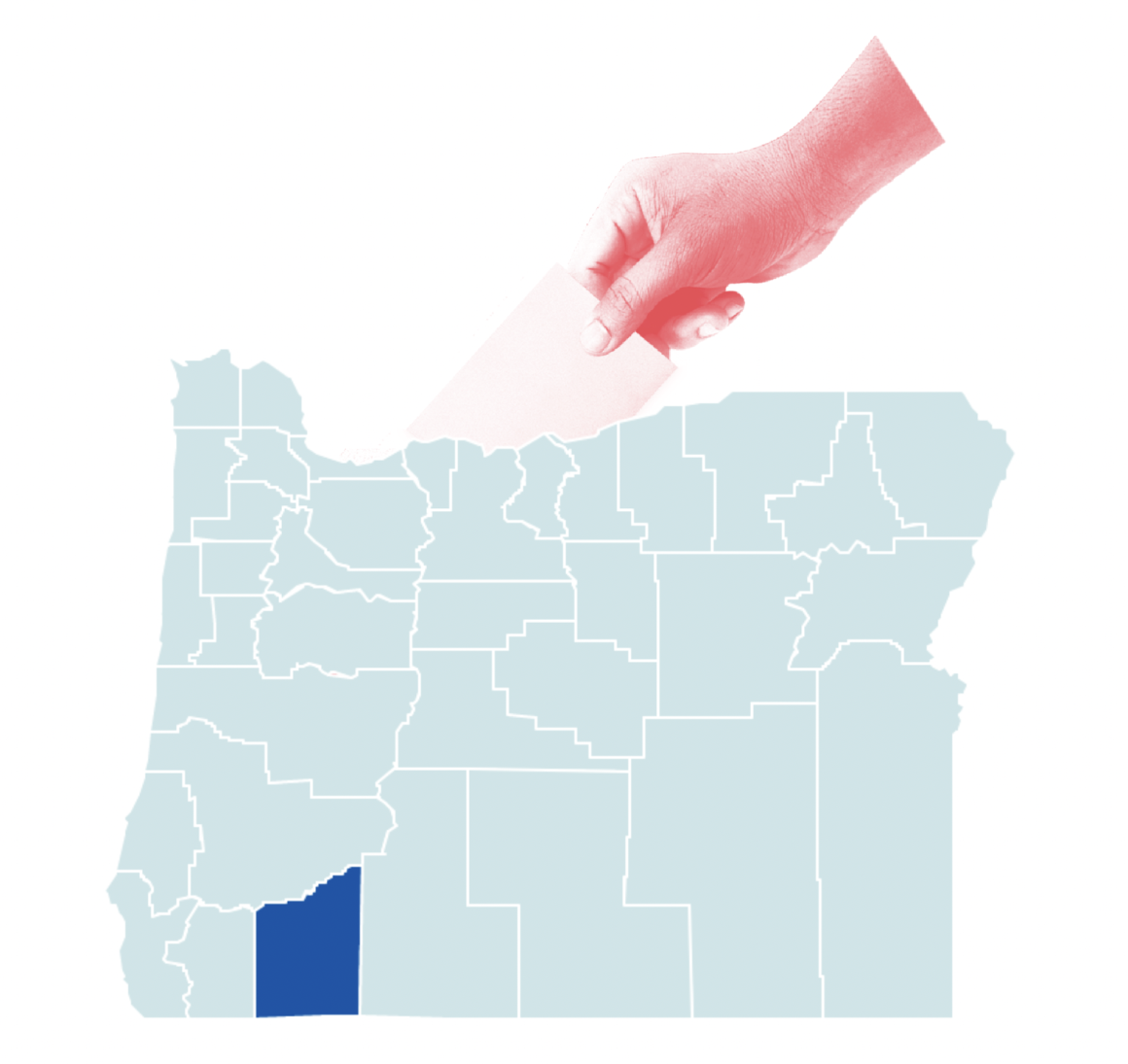 Jackson County, highlighted on an Oregon county map, with a hand dropping a ballot into the state outline.