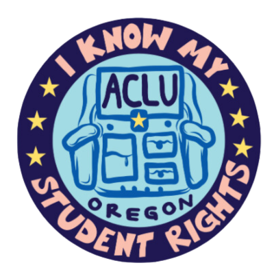 an illustration of a backpack in the center in blue, with a navy circle on the outside containing pink lettering that says "I know my student rights"