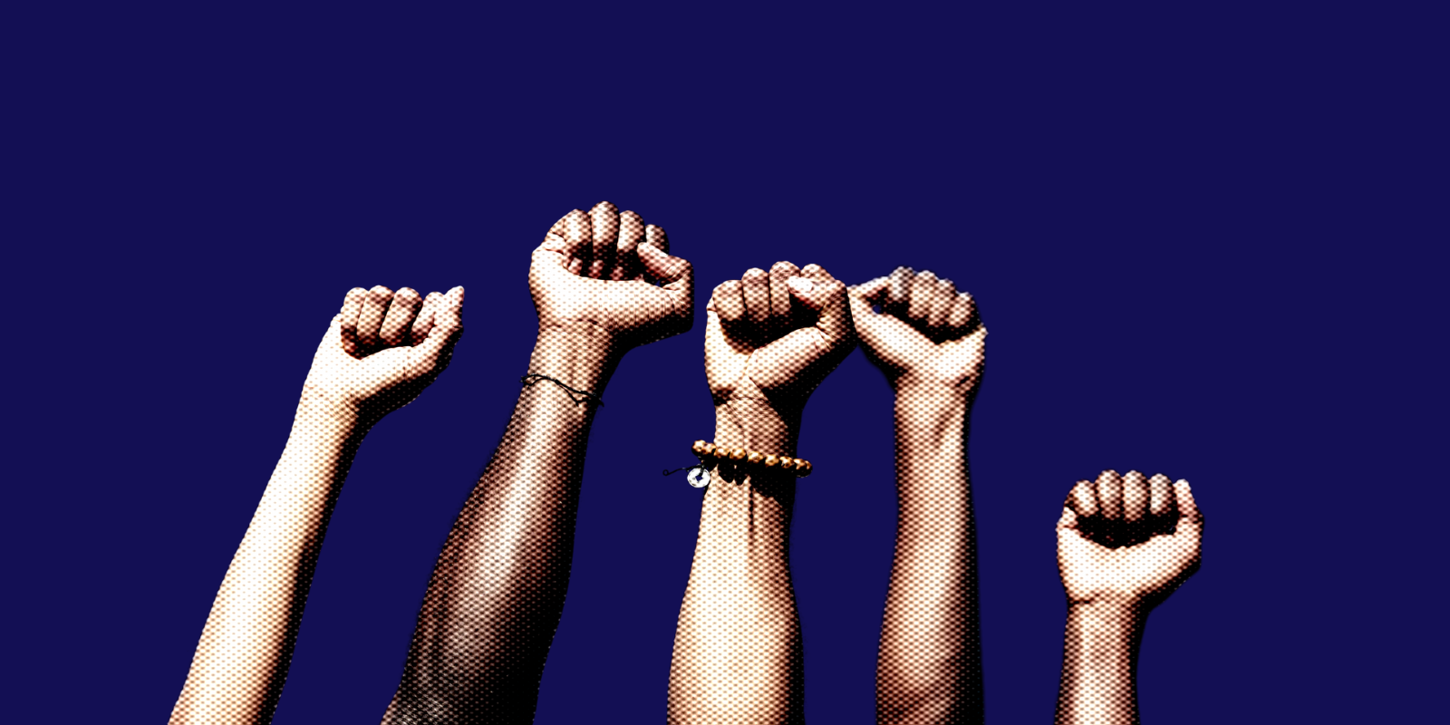 a navy background with several activist fists 