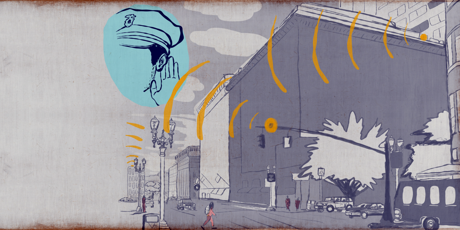 illustrated image of a downtown city with microphones surveilling the sounds from the streets -- the outline of a police officer has his hand to his ear, listening to the transmissions
