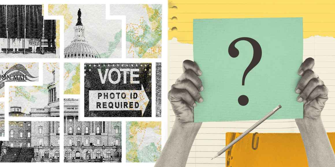 A collage banner that reflects voting rights imagery and a quiz question ard