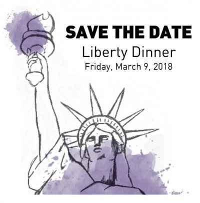 Illustration of Statue of Liberty. Liberty Dinner, Friday, March 9, 2018