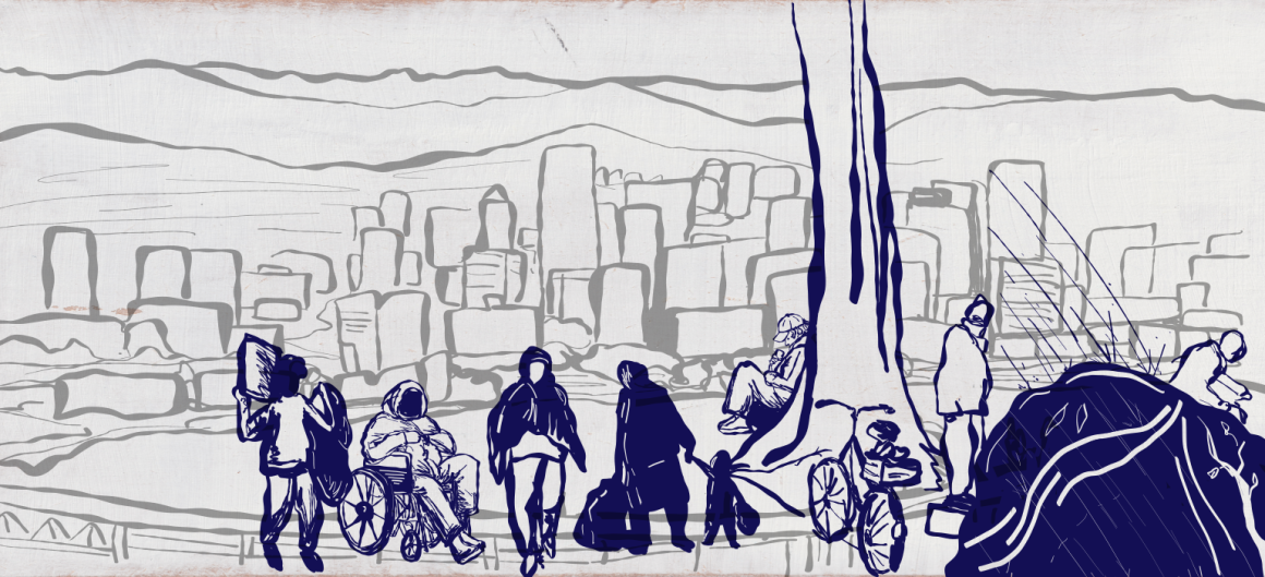 Illustration of diverse houseless people outdoors with the Portland city outline behind them