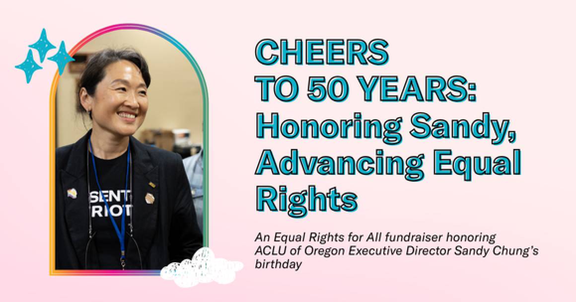 pink background, an arch shape with a portrait of Sandy smiling, reads "cheers to 50 years: honoring sandy, advancing civil rights"